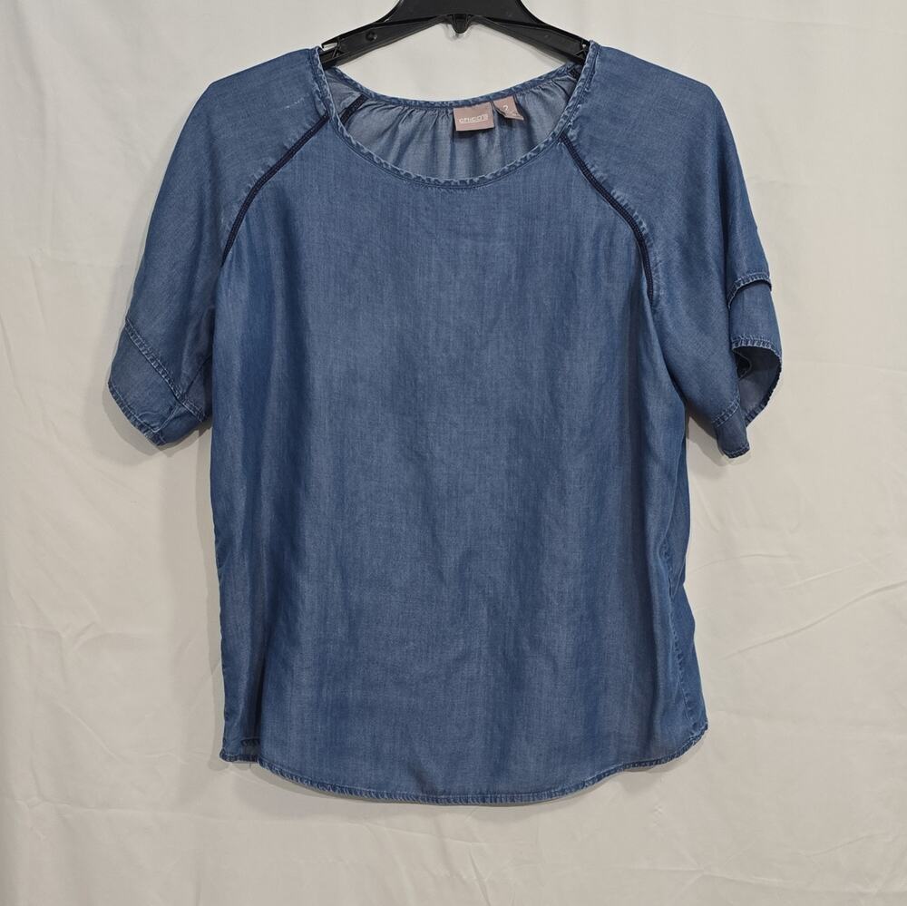 Chico's Womens 2 Blue Lyocell Denim Solid Blouse Contrast Stitching Short Sleeve